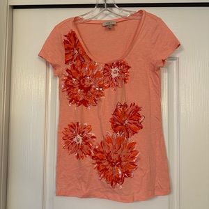 LOFT Orange Floral Sequins Tee Shirt Size XS